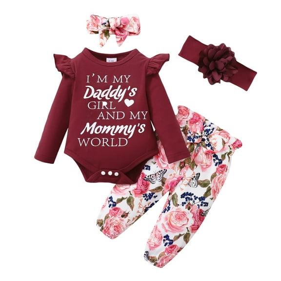 Newborn Baby Girls Clothes 3 Months Girls 4PCS Outfits Set Letter Print Newborn Girls Long Sleeve Top Pants Set with Headband Red