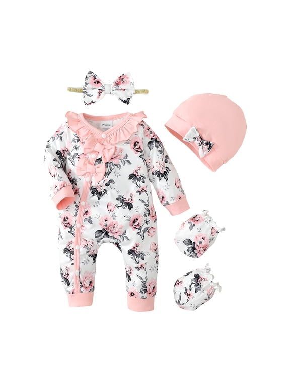 Newborn Baby Girls Clothes 3 Months Girls One-piece Bodysuit Flower Print Newborn Girls Long Sleeve Floral Bodysuit with Headband Pink