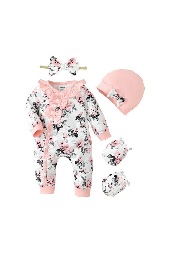 Newborn Baby Girls Clothes 3 Months Girls One-piece Bodysuit Flower Print Newborn Girls Long Sleeve Floral Bodysuit with Headband Pink