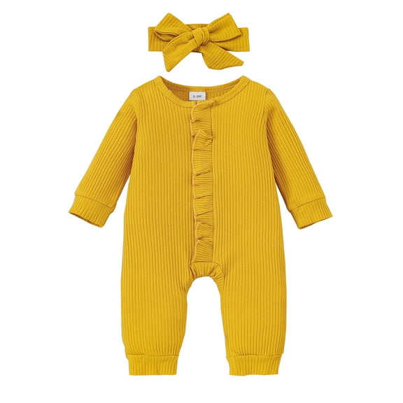 Newborn Baby Girls Clothes 3 Months Girls One-piece Bodysuit Solid Color Newborn Girls Long Sleeve Crew Neck Romper with Headband Yellow