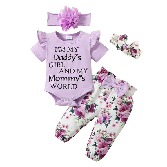 Newborn Baby Girls Clothes 3 Months Girls Outfits 6 Months Girls Short Sleeve Letter Print Romper Top Floral Pants Headband 4PCS Girls Clothing Set Purple