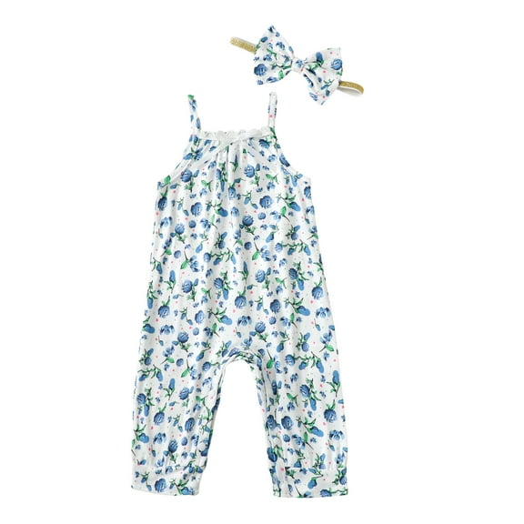 Newborn Baby Girls Clothes 3 Months Girls Romper 6 Months Girls Sleeveless Suspender Floral Bodysuit with Headband Blue