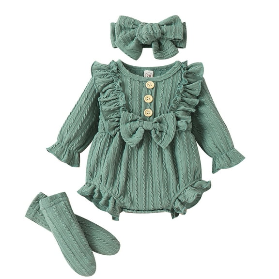 Newborn Baby Girls Clothes 3M 6M 9M 12M Long Sleeve Button Front Ruffle Romper Socks Headband 3Pcs Set Fall Winter Outfits
