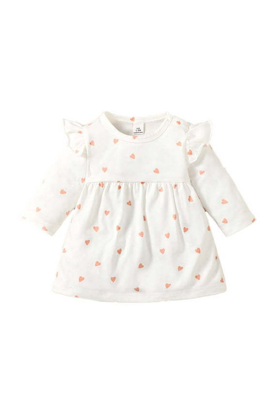 Newborn Baby Girls Clothes Baby Girls Dress 0-1 Months Girls Long Sleeve Heart Print Solid Color Dress White