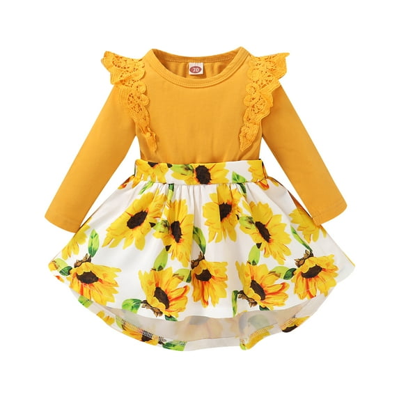 Newborn Baby Girls Clothes Baby Girls Dress 3-6 Months Baby Girls Long Sleeve Round Neckline Sunflower Print Floral Dress Yellow