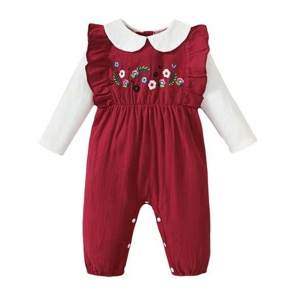 Newborn Baby Girls Clothes Baby Girls Fall Winter One-piece Romper Newborn Girls Ruffle Long Sleeve Cute Flower Romper Bodysuit Red 3-6 Months