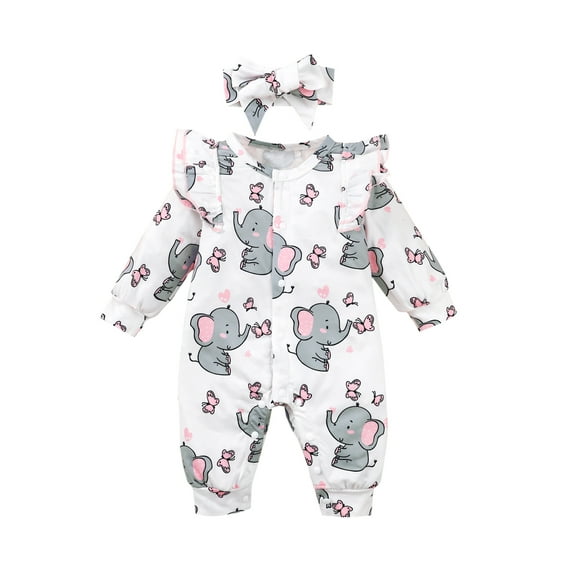 Newborn Baby Girls Clothes Baby Girls One-piece Romper Bodysuit Newborn Girls Long Sleeve Elephant Print Romper Jumpsuit Headband 2PCS Set White 0-3 Months