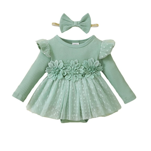 Newborn Baby Girls Clothes Baby Girls One-piece Romper Bodysuit Newborn Girls Long Sleeve Solid Color Romper Headband 2PCS Set Green 0-3 Months