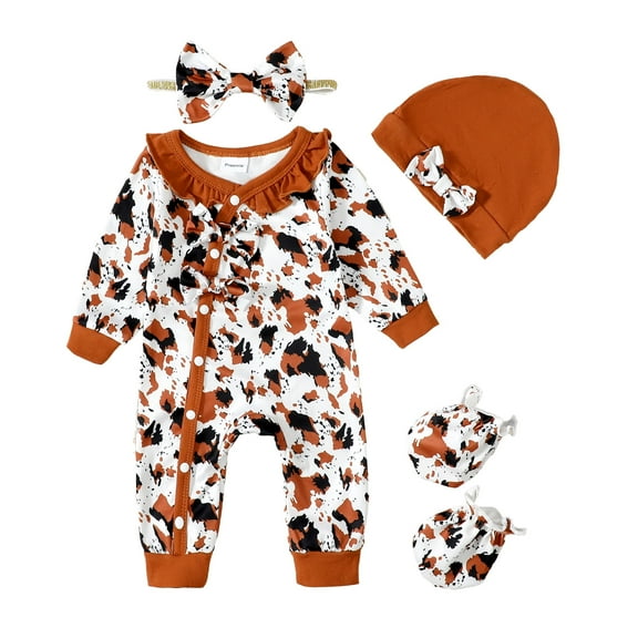 Newborn Baby Girls Clothes Baby Girls One-piece Romper Long Sleeve Button Closure Romper Headband Hat 3pcs Set Brown 0-3 Months