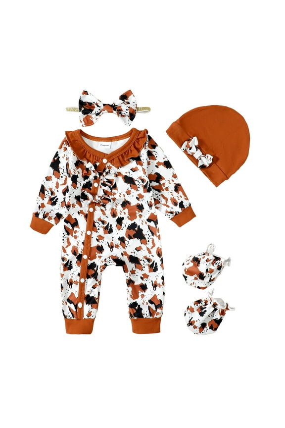 Newborn Baby Girls Clothes Baby Girls One-piece Romper Long Sleeve Button Closure Romper Headband Hat 3pcs Set Brown 3-6 Months