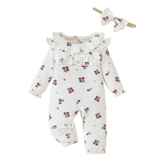 Newborn Baby Girls Clothes Baby Girls One-piece Romper Newborn Girls Long Sleeve Round Neckline Floral Bodysuit with Headband 2PCS Set White 0-3 Months