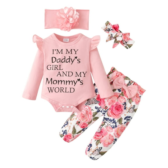Newborn Baby Girls Clothes Baby Girls Outfits 0-3 Months Baby Girls Long Sleeve Letter Print Romper Top Floral Pants Headband 4PCS Set Pink