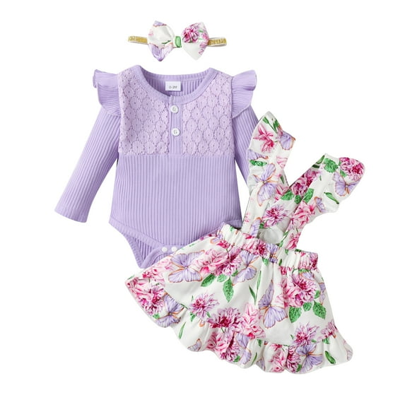 Newborn Baby Girls Clothes Baby Girls Outfits 0-3 Months Girls Long Sleeve Solid Color Romper Top Floral Strap Skirt Headband 3PCS Set Purple