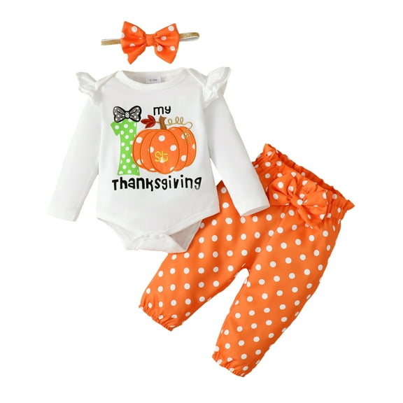 Newborn Baby Girls Clothes Baby Girls Outfits Pumpkin Print Letter Print Long Sleeve Romper Top Polka Dots Pants Headband 3PCS Set White 0-3 Months