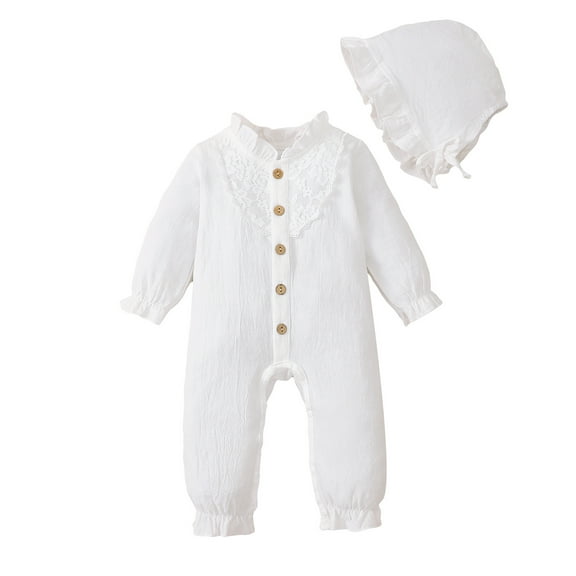Newborn Baby Girls Clothes Baby Girls Romper Newborn Girls Long Sleeve Solid Color One-piece Romper Bodysuit with Hat 2PCS Set White