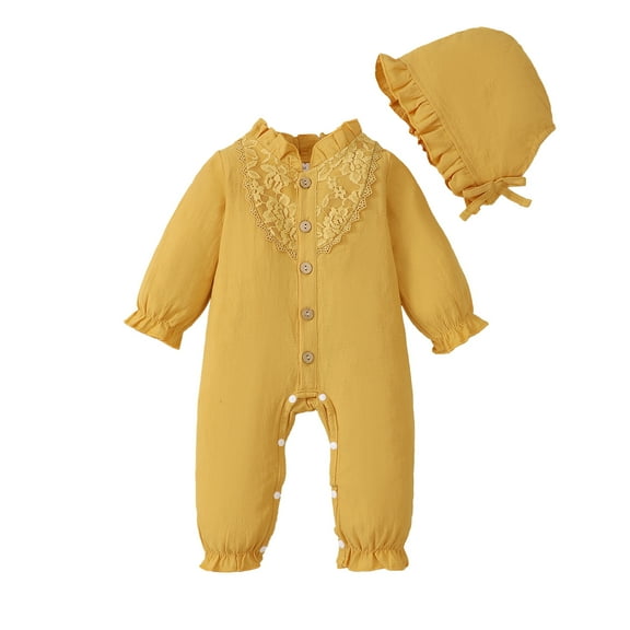 Newborn Baby Girls Clothes Baby Girls Romper Newborn Girls Long Sleeve Solid Color One-piece Romper Bodysuit with Hat 2PCS Set Yellow 0-3 Months