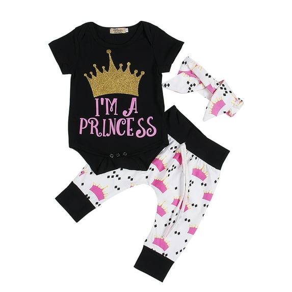 Newborn Baby Girls Clothes Crown Print Short Sleeve Tops Rompers Bodysuit+Pants 3pcs Outfits Set