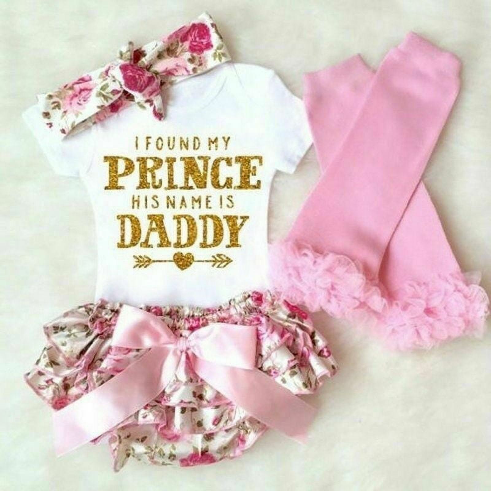 Newborn Baby Girls Clothes I FOUND MY PRINCE HIS NAME IS DADY Letter  Printed Romper +Tutu Pants Dress + Leg Warmers Outfit 4Pcs Set(0-3 Months)