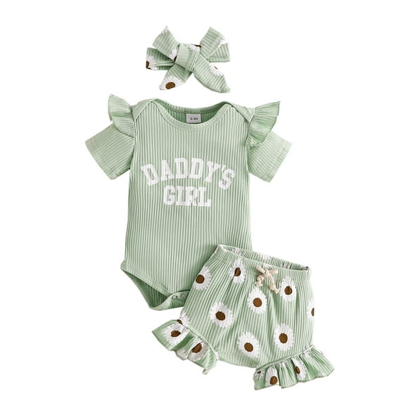Newborn Baby Girls Clothes Rib Knit Ruffle Crew Neck Short Sleeve Daddy girl Letters Print Romper Shorts Hairband Cute Summer Outfit Set