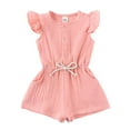 thumbnail image 1 of Newborn Baby Girls Drawstring Waist Buttons Jumpsuit Ruffled Sleeve Summer Short Romper with Pocket Pink,4-5 Years, 1 of 8