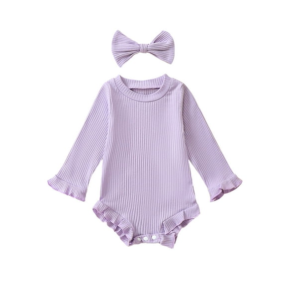 Newborn Baby Girls Fall Crew Neck Romper Long Sleeve Solid Color Ruffle Romper with Headband