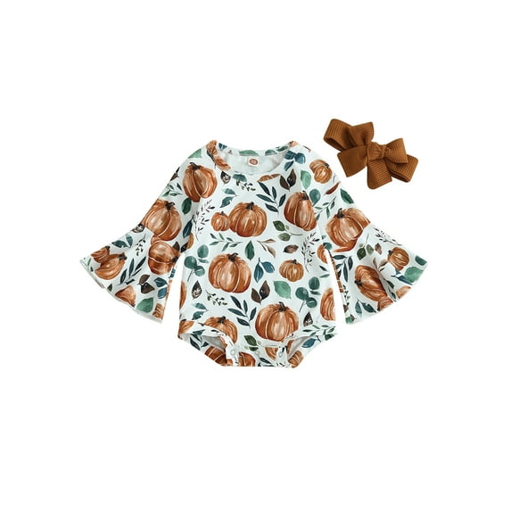 Newborn Baby Girls Halloween Clothes Flower Pumpkin Flare Long Sleeve Romper Jumpsuits Bodysuits + Headband Fall Outfits