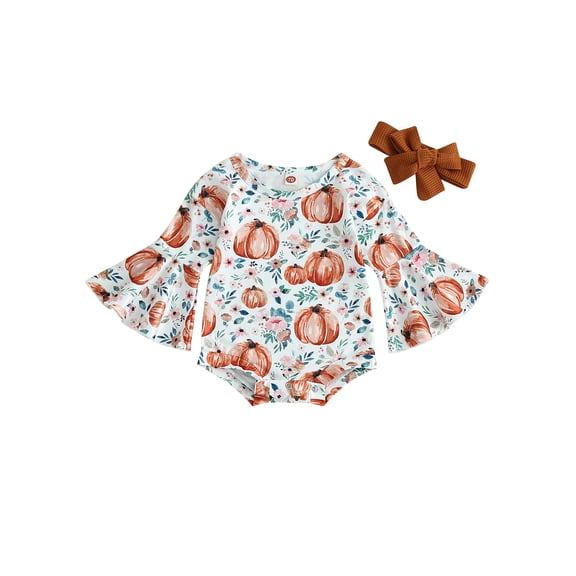 Newborn Baby Girls Halloween Clothes Flower Pumpkin Flare Long Sleeve Romper Jumpsuits Bodysuits + Headband Fall Outfits