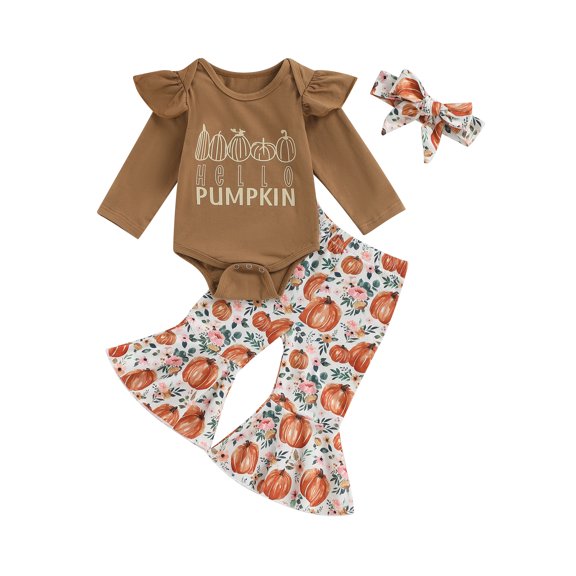 Newborn Baby Girls Halloween Clothes Letter Long Sleeve Bodysuit Pumpkin/Ghost Flared Pants Set Headband 3Pcs Outfits