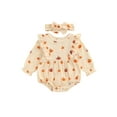 thumbnail image 1 of Newborn Baby Girls Halloween Clothes Pumpkin Ruffle Romper Long Sleeve Waffle Bodysuit with Headband Set Fall Outfits, 1 of 8