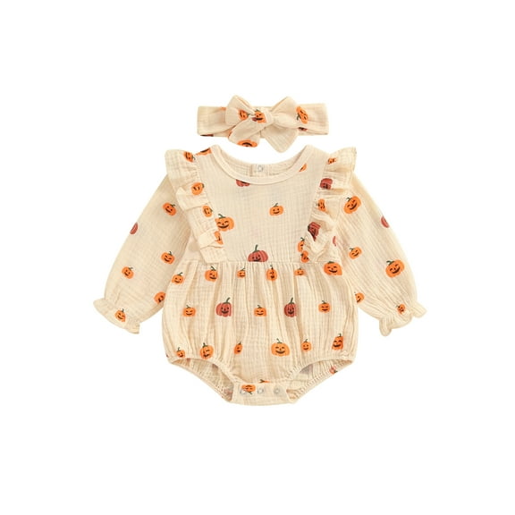 Newborn Baby Girls Halloween Clothes Pumpkin Ruffle Romper Long Sleeve Waffle Bodysuit with Headband Set Fall Outfits