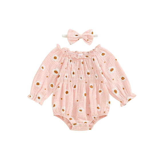 Newborn Baby Girls Halloween Outfits Ruffle Long Sleeve Pumpkin Print Romper Bodysuit with Headband Set Cute Fall Clothes