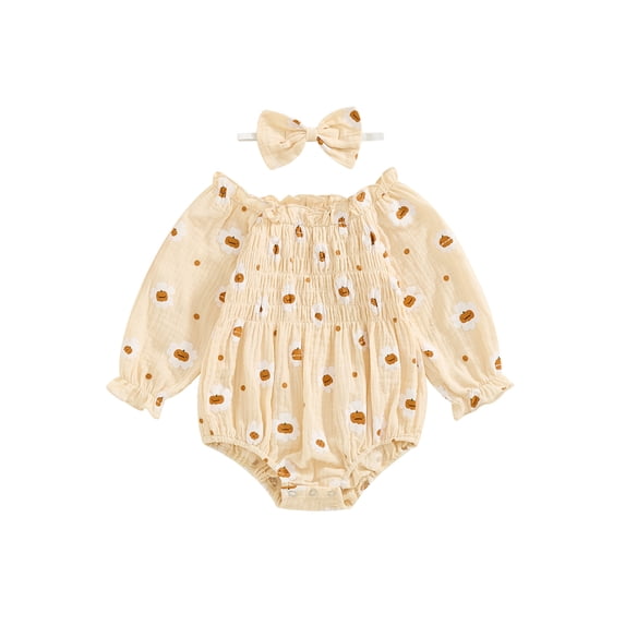 Newborn Baby Girls Halloween Romper Outfits Long Sleeve Ruched Pumpkin Floral Bodysuit Headband Set 2Pcs Fall Clothes
