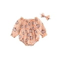 thumbnail image 1 of Newborn Baby Girls Halloween Romper Outfits Long Sleeve Ruched Pumpkin Floral Bodysuit Headband Set 2Pcs Fall Clothes, 1 of 8