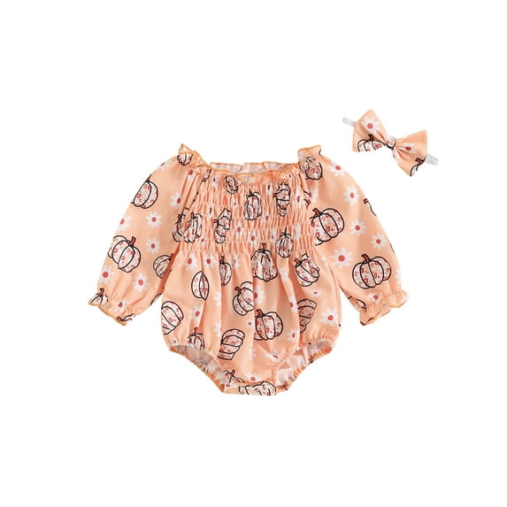Newborn Baby Girls Halloween Romper Outfits Long Sleeve Ruched Pumpkin Floral Bodysuit Headband Set 2Pcs Fall Clothes
