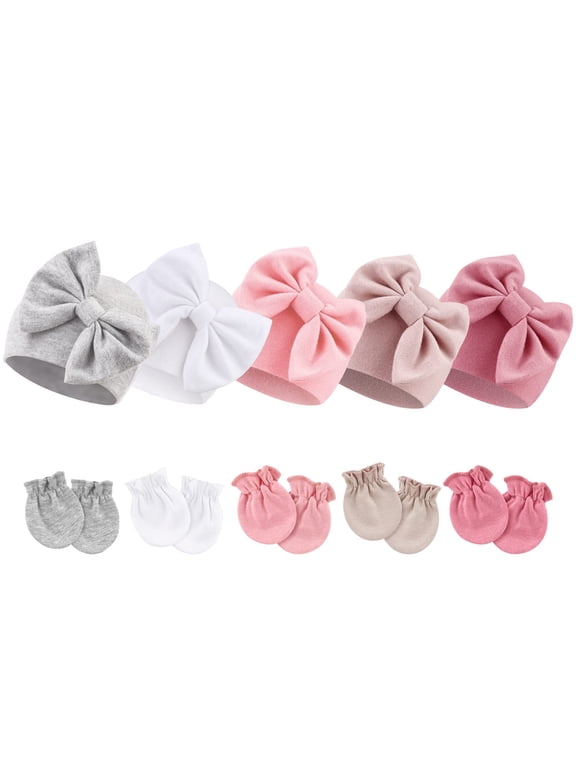 Newborn Baby Girls Hats Mittens Set Hospital Hat Beanie Infant Bow Hats Baby Cotton Gloves No Scratch Mittens for 0-6 Months