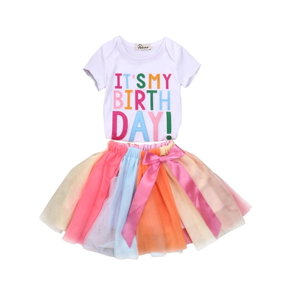 Newborn Baby Girls It's My Birthday Outfits Shiny Printed Sequin Dress Princess Tulle Tutu Skirt