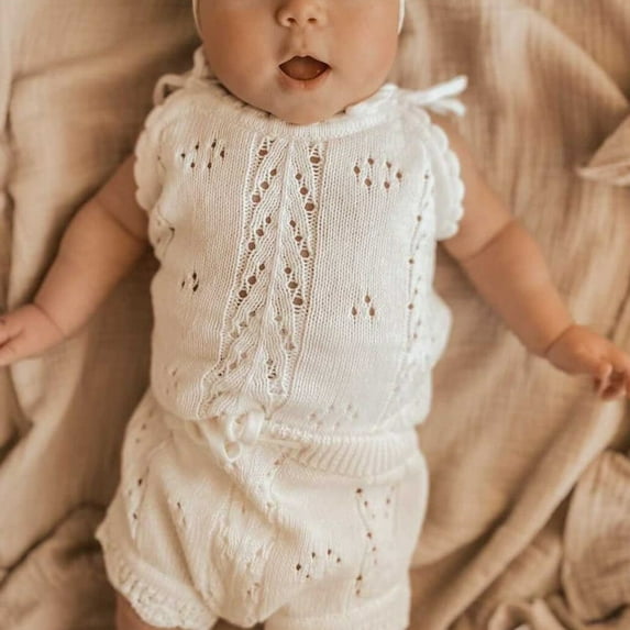 Newborn Baby Girls Knitted Clothes Crochet Sleeveless Backless Bodysuit Top Drawstring Shorts Summer Outfits