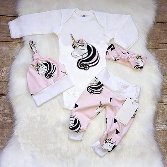 Newborn Baby Girls Little Sister Outfits Romper Playsuit Tops + Long Pants + Hat + Headband 4Pcs Clothes Set