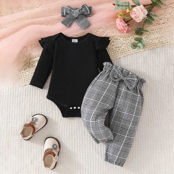 Newborn Baby Girls Long Sleeve Romper with Plaid Bow Trousers for Fall Winter 6-12 Months 12-24 Months Baby Black,3-6 Months