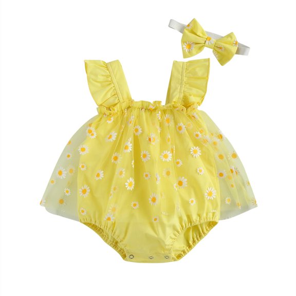 Newborn Baby Girls Mesh Romper Flower Jumpsuit Suspender Skirt Princess Dress   Headband Set