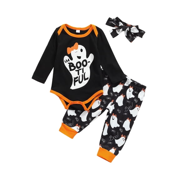 Newborn Baby Girls My 1 st Halloween Outfits Boo Long Sleeve Romper Tops Long Pants with Headband