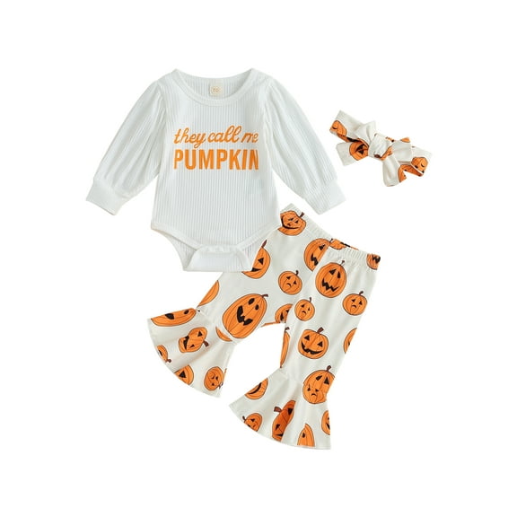 Newborn Baby Girls My 1st Halloween Outfits Long Sleeve Letter Romper Pumpkin Bell Bottoms Headband Fall Winter Clothes