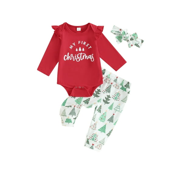 Newborn Baby Girls My First Christmas Outfits Ruffle Romper Tree/Snowflake Pants Headband Set 3Pcs Cute Chirstmas Clothes