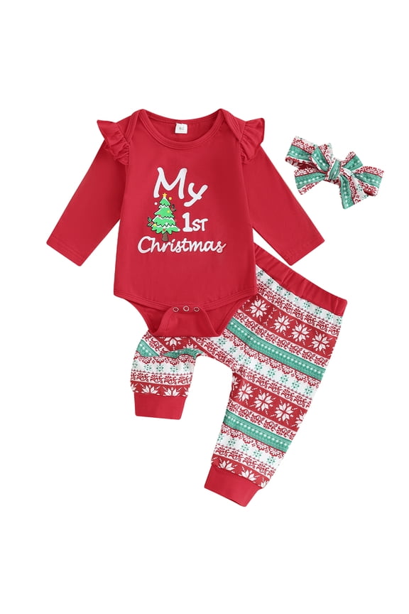 Newborn Baby Girls My First Christmas Outfits Ruffle Romper Tree/Snowflake Pants Headband Set 3Pcs Cute Chirstmas Clothes