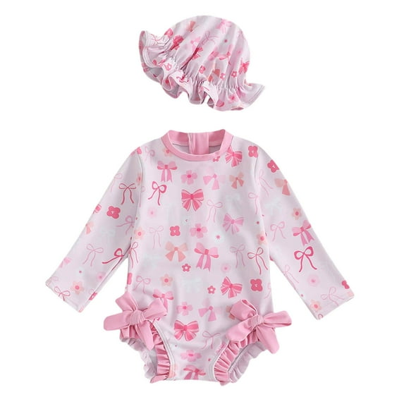 Newborn Baby Girls One Piece Swimsuits Long Sleeve Romper Hat Bathing Suit Beach Swimwear Size 6-12 Months