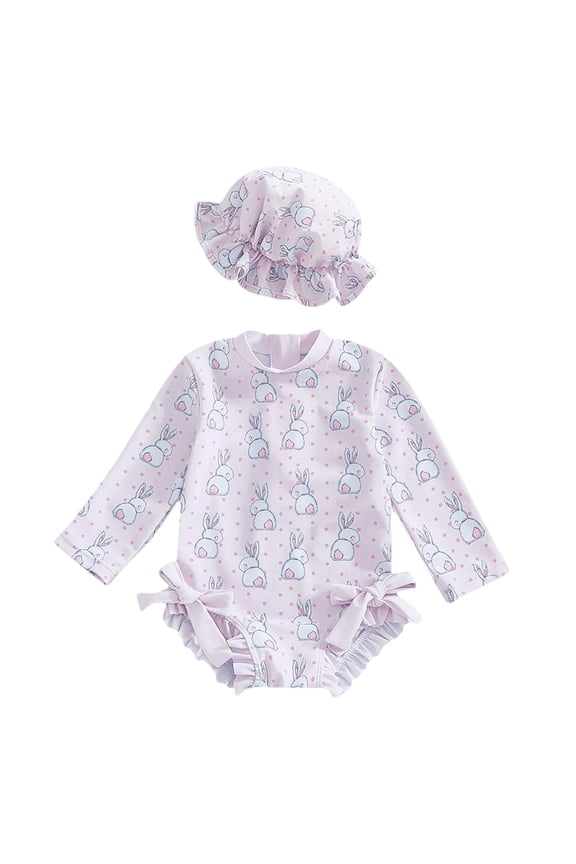 Newborn Baby Girls One Piece Swimsuits Long Sleeve Romper Hat Bathing Suit Beach Swimwear Size 6-12 Months