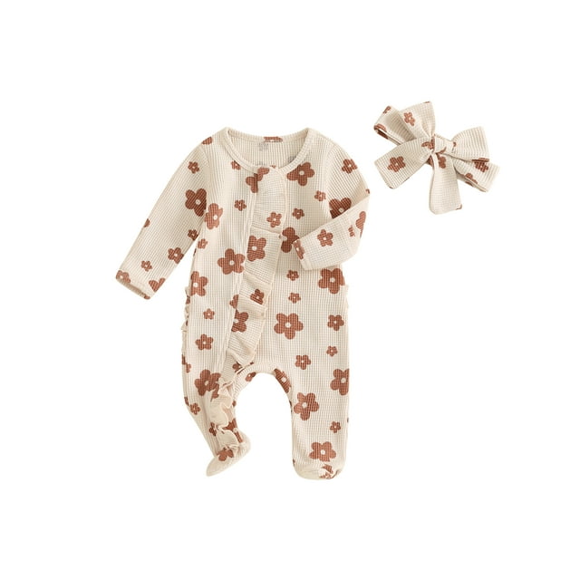 Newborn Baby Girls Outfit Floral Ruffle Zipped Footies Romper Long