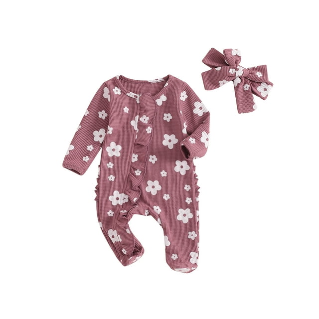 Newborn Baby Girls Outfit Floral Ruffle Zipped Footies Romper Long