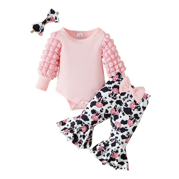 Newborn Baby Girls Outfits Baby Girls Fall Winter Clothes 0-3 Months Girls Long Sleeve Solid Color Romper Top Pants Set with Headband Pink