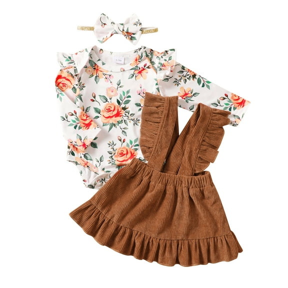 Newborn Baby Girls Outfits Newborn Girls Skirt Sets 3-6 Months Girls Long Sleeve Floral Romper Top Strap Skirt Headband 3PCS Set White